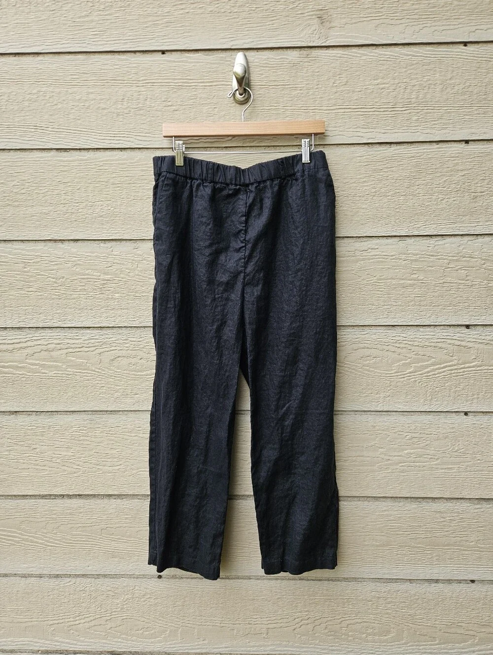 Quince black cropped elastic waist linen pants large 25 inch inseam